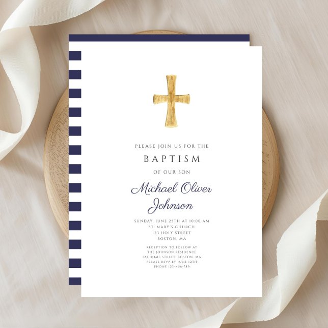 Elegant Navy Blue Cross Religious Boy Baptism Invitation (Elegant Navy Blue Cross Religious Boy Baptism Invitation)