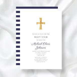 Elegant Navy Blue Cross Religious Boy Baptism Invitation