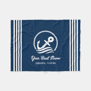 Elegant Navy Blue Custom Boat Name Anchor Fleece Blanket