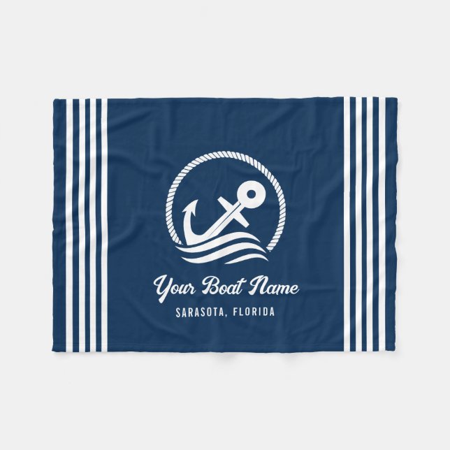 Elegant Navy Blue Custom Boat Name Anchor Fleece Blanket (Front (Horizontal))