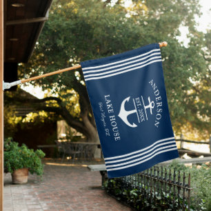 Elegant Navy Blue Custom Family Lake House Flag