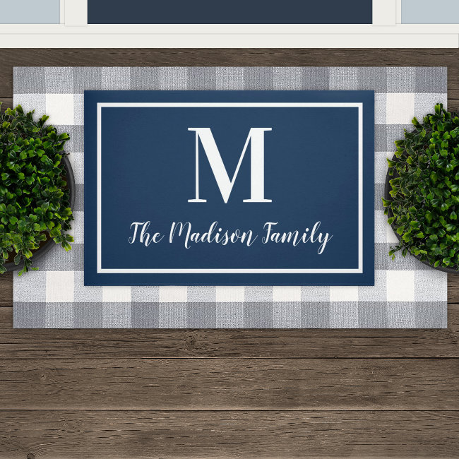 Elegant Navy Blue Custom Monogram Initial Doormat