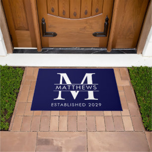 Elegant Navy Blue Custom Monogram Name Doormat