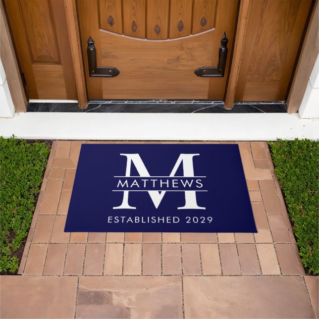 Elegant  Navy Blue  Custom Monogram Name Doormat (Outdoor)