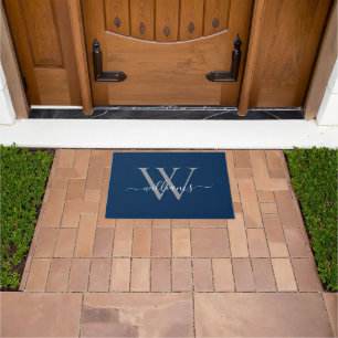 Elegant Navy Blue Custom Monogram Script Name Doormat