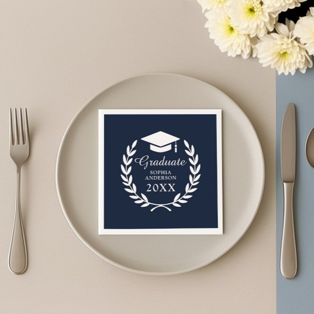 Elegant  Navy Blue Custom Name Graduation Emblem Napkins (Creator Uploaded)