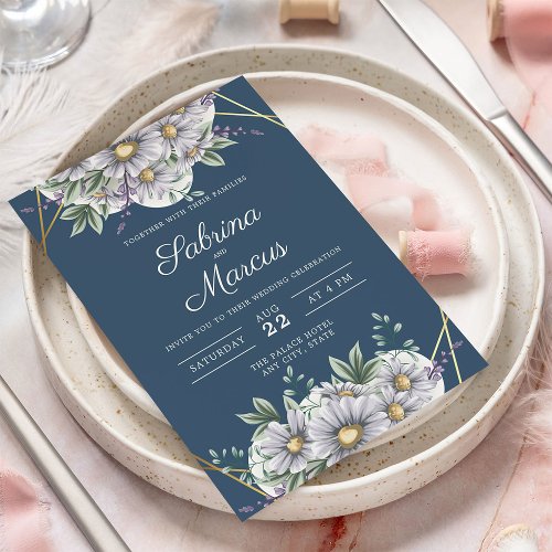 Elegant Navy Blue Daisy Floral Geometric Wedding  Invitation