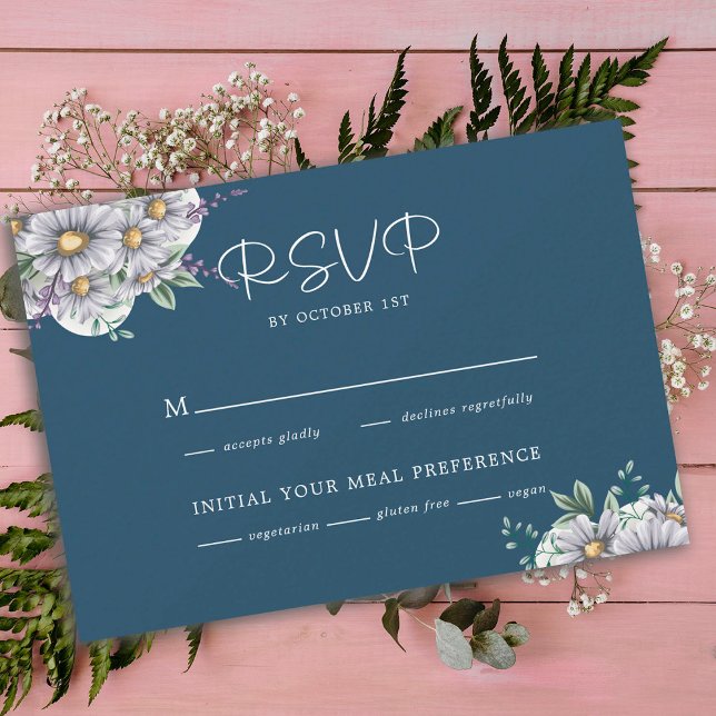 Elegant Navy Blue Daisy Floral Wedding   RSVP Card (Creator Uploaded)