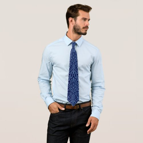 Elegant Navy Blue Damask Neck Tie