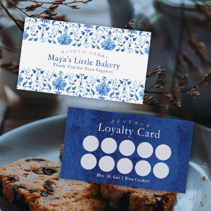 Elegant Navy Blue Damask Pattern Bakery Loyalty Business Card