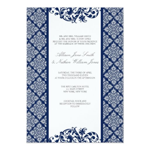 Elegant Navy Blue Damask Wedding Invitation | Zazzle