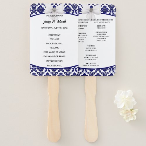 Elegant Navy Blue Damask Wedding Program Hand Fan