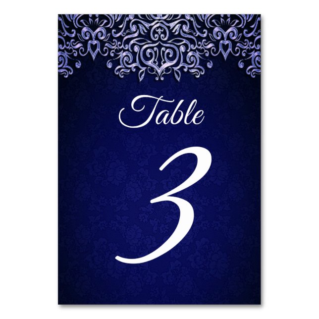 Elegant Navy Blue Damask | Winter Wedding Table Number (Front)