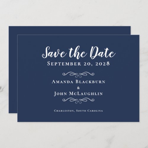Elegant Navy Blue Delicate Romantic Calligraphy Save The Date