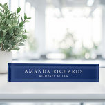 Elegant navy blue desk name plate<br><div class="desc">Elegant name plate with your name and title printed in white on a navy blue background.</div>