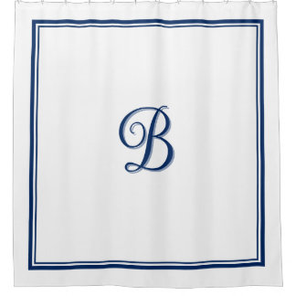 Elegant Navy Blue Double Border Script Monogram Shower Curtain