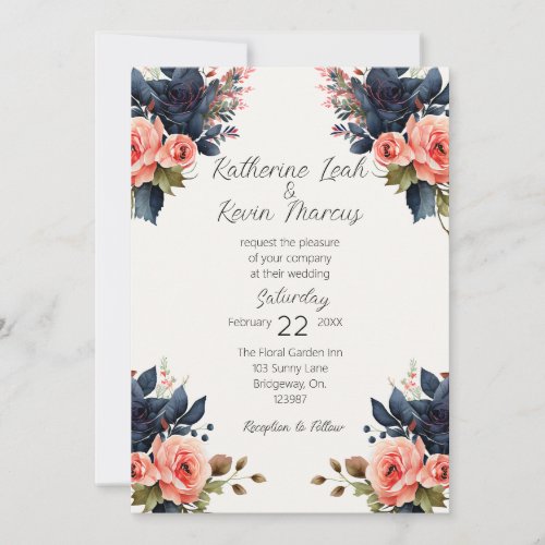 Elegant Navy Blue Dust Rose Watercolor Floral  Invitation