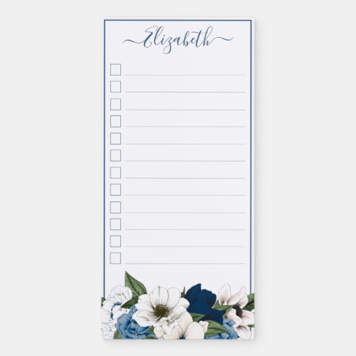 Elegant Navy Blue  Dusty Blue Floral Personalized Magnetic Notepad