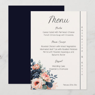 Elegant Navy Blue Dusty Rose Floral Wedding  Menu