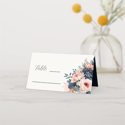 Elegant  Navy Blue Dusty Rose Floral Wedding Place Card