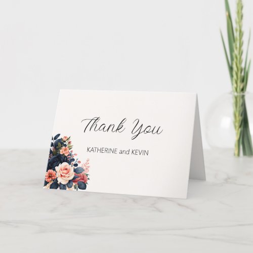 Elegant Navy Blue Dusty Rose Watercolor Floral Thank You Card