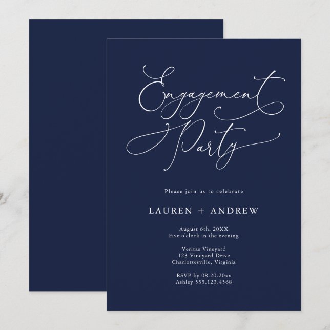 Elegant Navy Blue Engagement Party Invitation (Front/Back)