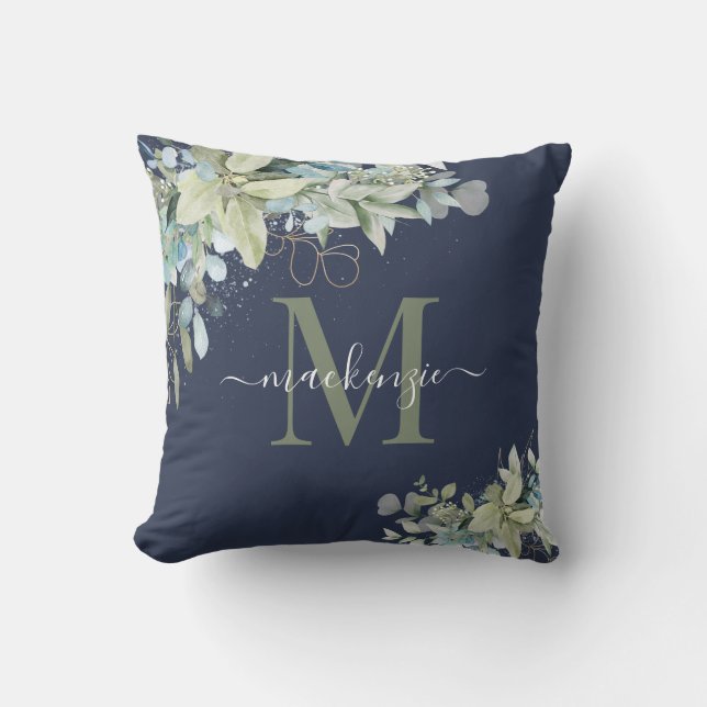 Elegant Navy Blue Eucalyptus Botanical Monogram Throw Pillow (Front)