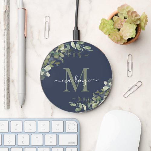 Elegant Navy Blue Eucalyptus Botanical Monogram Wireless Charger