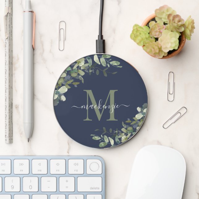 Elegant Navy Blue Eucalyptus Botanical Monogram Wireless Charger (Desk)