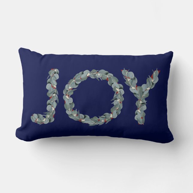 Elegant Navy Blue Eucalyptus Christmas Joy Lumbar Pillow (Front)