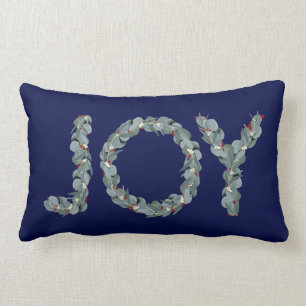 Elegant Navy Blue Eucalyptus Christmas Joy Lumbar Pillow