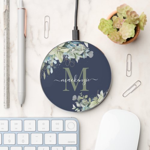 Elegant Navy Blue Eucalyptus Floral  Wireless Charger