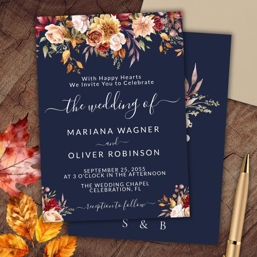 Elegant Navy Blue Fall Floral Wedding Invitation