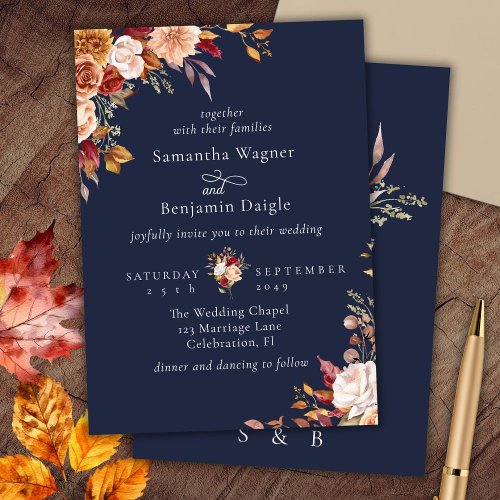 Elegant Navy Blue Fall Floral Wedding Invitation
