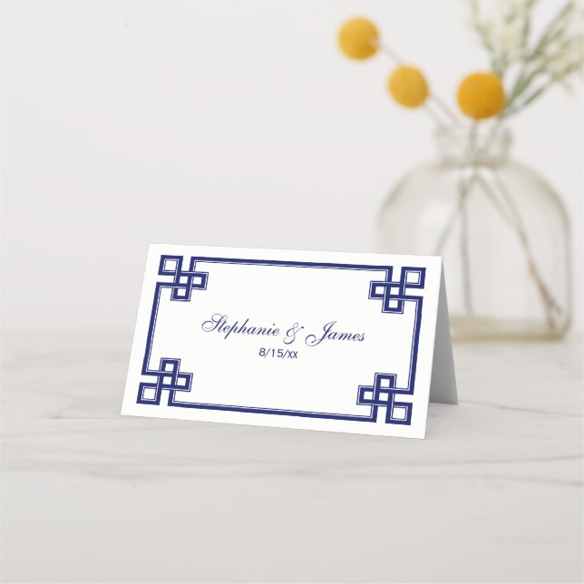Elegant Navy Blue Fancy Greek Key Escort Cards (Front)