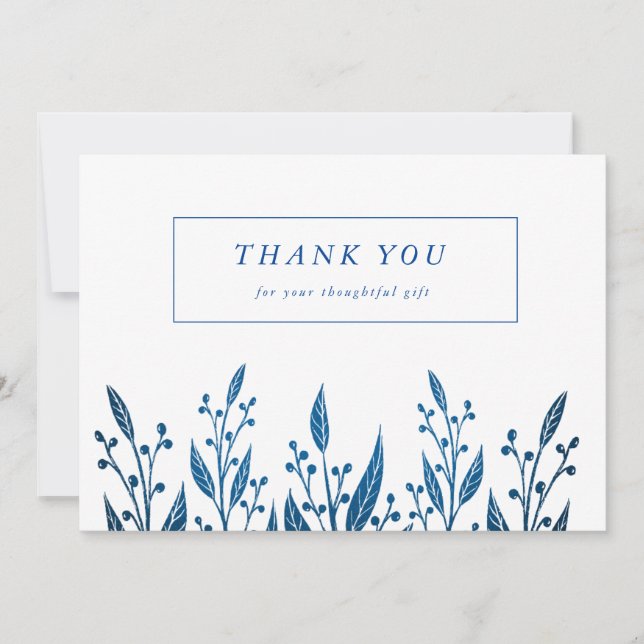 Elegant Navy Blue faux foil greenery Wedding Thank You Card (Front)