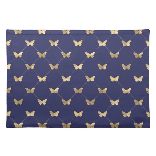 Elegant Navy Blue Faux Gold Butterfly Pattern Cloth Placemat (Front)