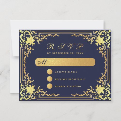 Elegant Navy Blue Faux Gold Foil Vintage Wedding RSVP Card