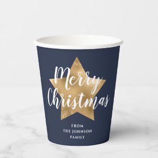 Elegant Navy Blue Faux Gold Star Merry Christmas Paper Cups
