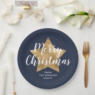 Elegant Navy Blue Faux Gold Star Merry Christmas Paper Plates