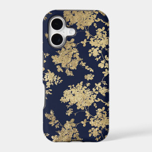 Elegant navy blue faux gold vintage flowers iPhone 17 case