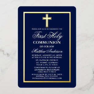 Elegant Navy Blue First Holy Communion Cross Gold Foil Invitation
