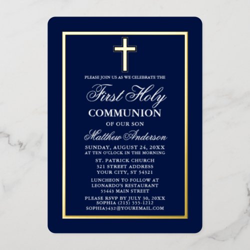 Elegant Navy Blue First Holy Communion Cross Gold Foil Invitation