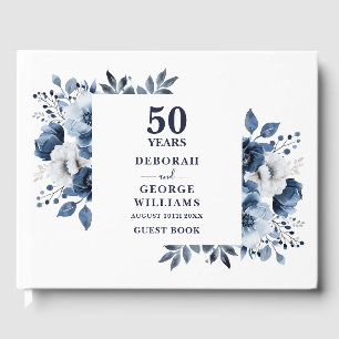 Elegant Navy Blue Floral 50th Wedding Anniversary Guest Book