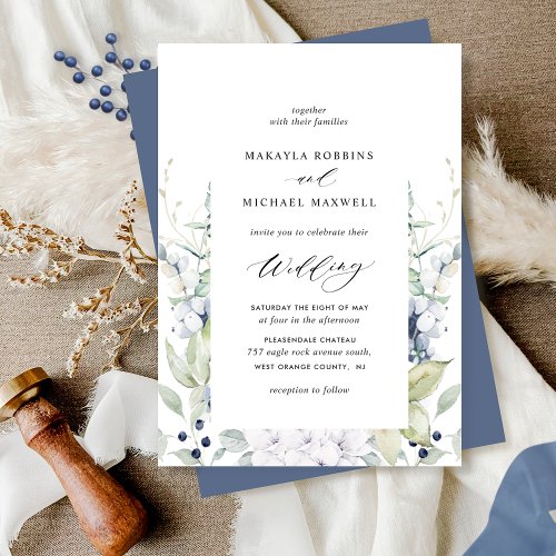 Elegant Navy Blue Floral and Greenery Wedding  Inv Invitation