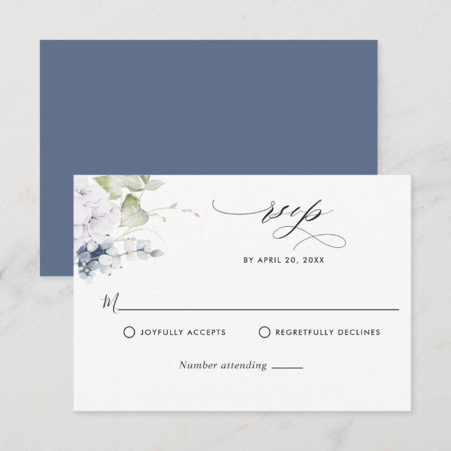 Elegant Navy Blue Floral and Greenery Wedding RSVP (Front/Back)