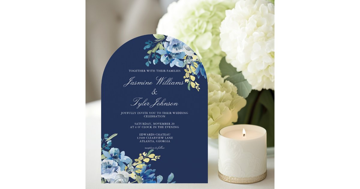 Elegant Navy Blue Floral Arch Evening Wedding Invitation | Zazzle
