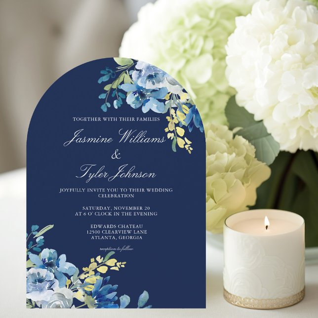 Elegant Navy Blue Floral Arch Evening Wedding Invitation (Creator Uploaded)