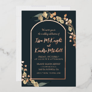 Elegant Navy Blue Floral Arch Foil Invitation