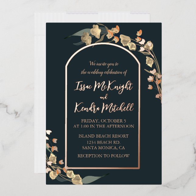 Elegant Navy Blue Floral Arch Foil Invitation (Envelope)